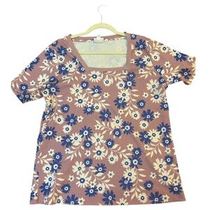 LuLaRoe Martha Blue White Floral Print Square Neck Tee XL